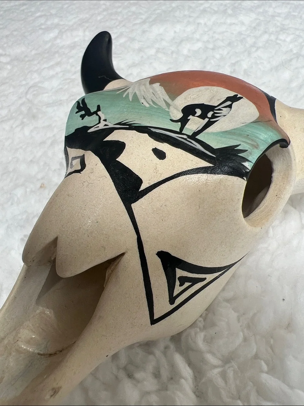 Vintage Navajo Signed R. Hathale Hand Painted Pottery Steer Skull 5